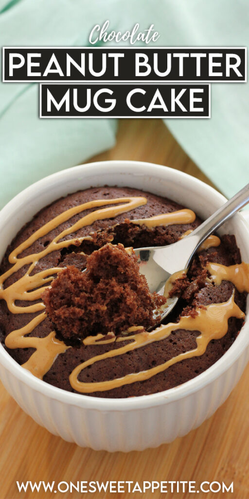 pinterest graphic image of a mug cake that has text overlay reading "chocolate peanut butter mug cake"