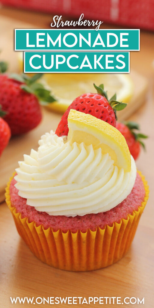 pinterest graphic of a cupcake with text overlay reading "strawberry lemonade cupcakes"