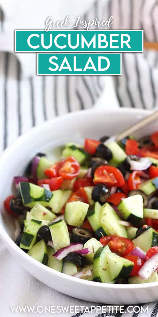 pinterest graphic image of a bowl veggie salad with text overlay that reads "Greek Inspired Cucumber Salad"