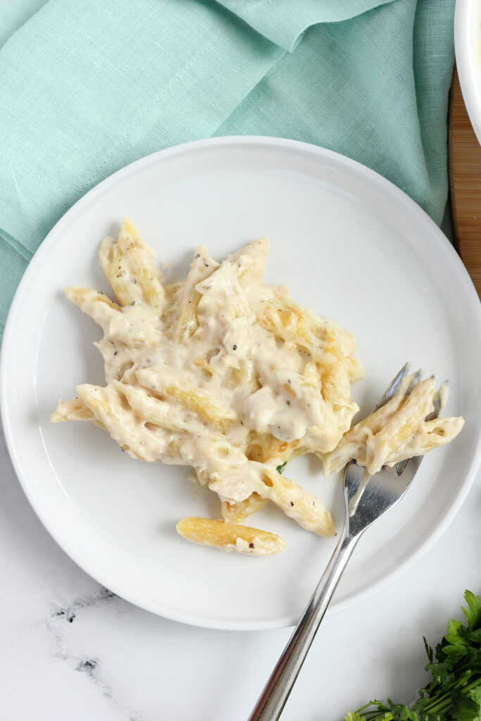 white round plate with a lifted lip with a serving of penne noodles and a white cheese sauce. One bite on the fork. 