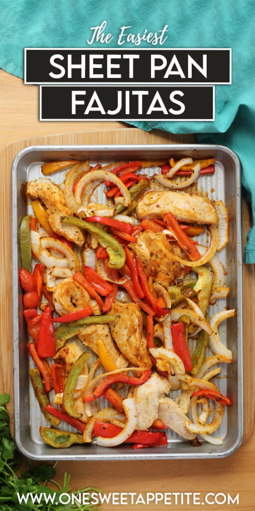 pinterest graphic image showing a sheet pan sitting on a wooden table top with a fajita dinner on top. Text overlay reads "the easiest sheet pan fajitas"