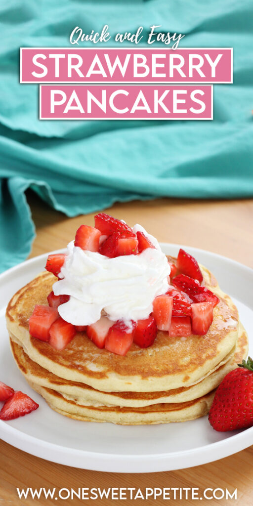 pinterest graphic image of pancakes with strawberries diced on top. Text overlay reads "quick and easy strawberry pancakes"