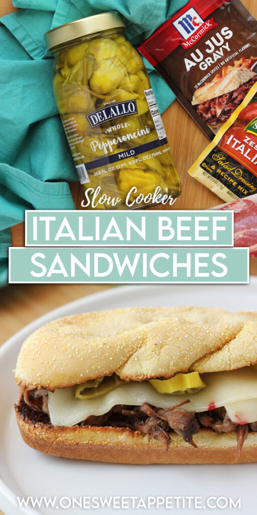 pinterest graphic image of a beef sandwich and the ingredients with text overlay reading "slow cooker italian beef sandwiches"