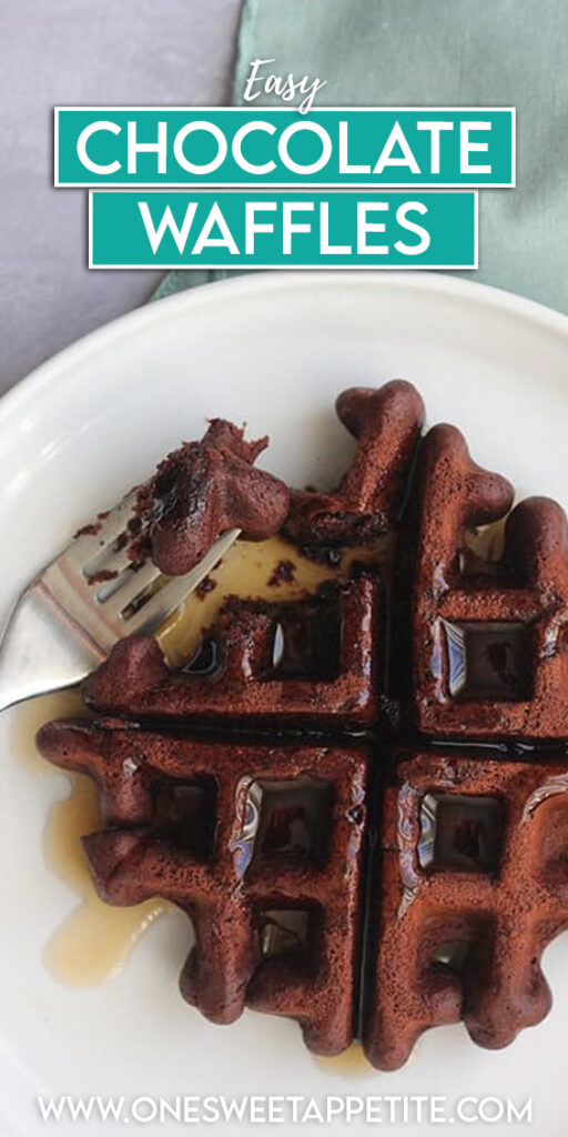 pinterest graphic image showing a single chocolate waffle on a white round plate with a bite on a fork that is lathered in syrup. Text overlay reads "easy chocolate waffles"