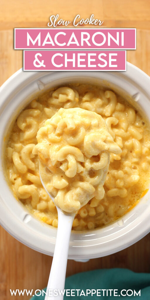 pinterest graphic showing a slow cooker with a scoop of macaroni being scooped out. Text overlay reads "slow cooker macaroni and cheese"