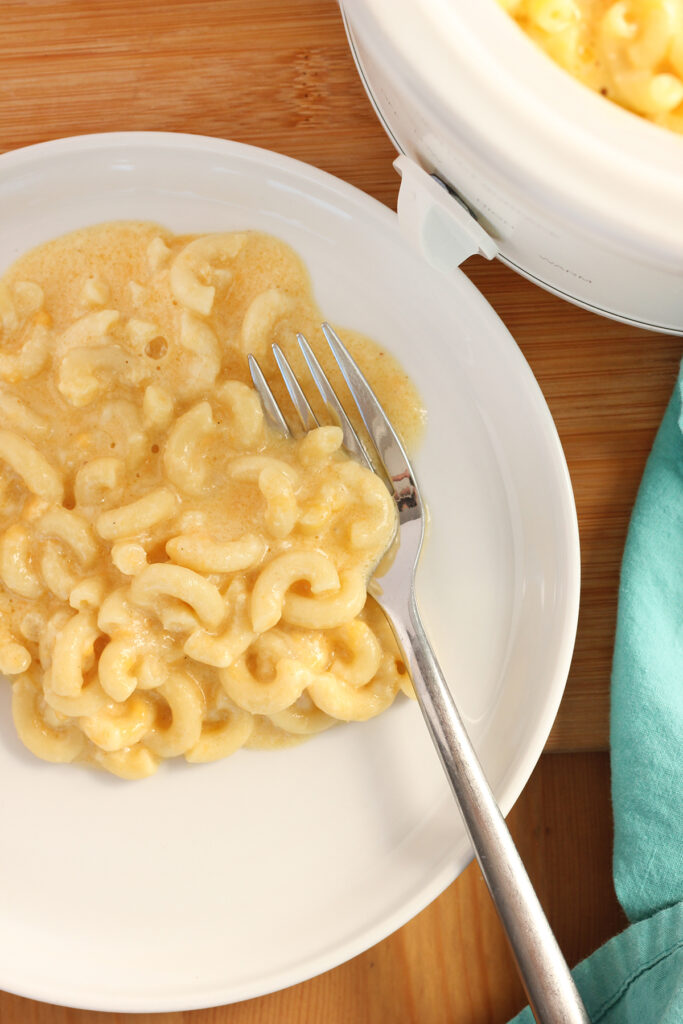 top down image close up to a white round plate that has a helping of macaroni and cheese with a fork. 