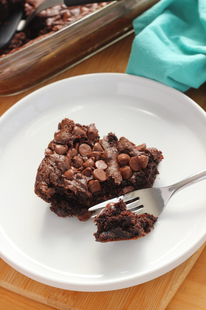 close up image of a small white round plate with a lifted lip with a square piece of chocolate cake sprinkled with chocolate chips sitting on top. A bite of the cake is sitting on the fork. 