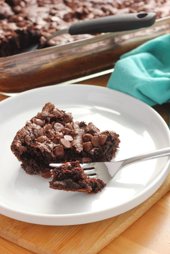 close up image of a small white round plate with a lifted lip with a square piece of chocolate cake sprinkled with chocolate chips sitting on top. A bite of the cake is sitting on the fork. 