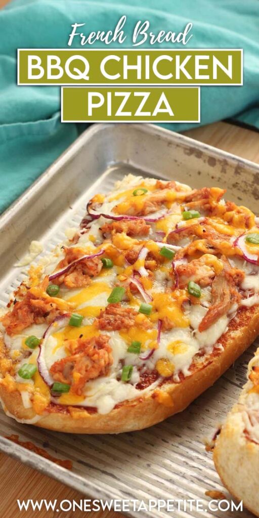 close up image showing a 1/4 of a french bread pizza topped with chicken and cheddar cheese with red and green onion on a metal baking tray. Text overlay reading "french bread bbq chicken pizza"