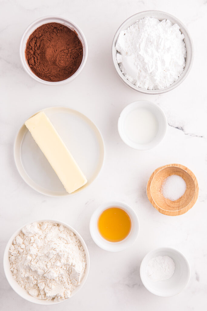 Top down image showing all of the ingredients needed for chocolate graham crackers