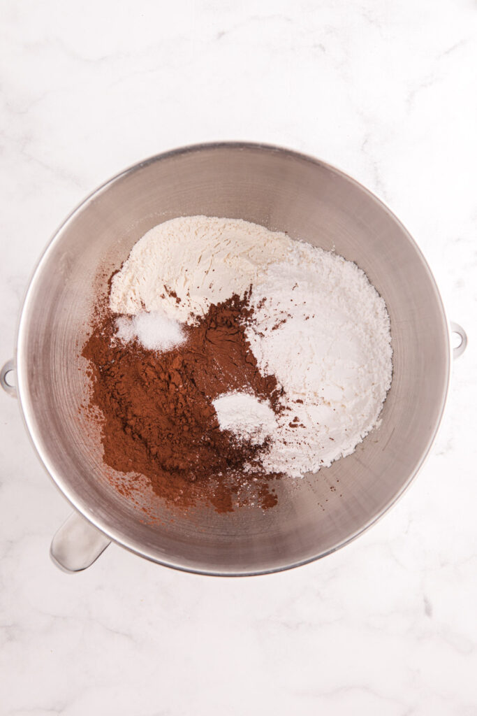 top down image showing a bowl with flour and cocoa powder