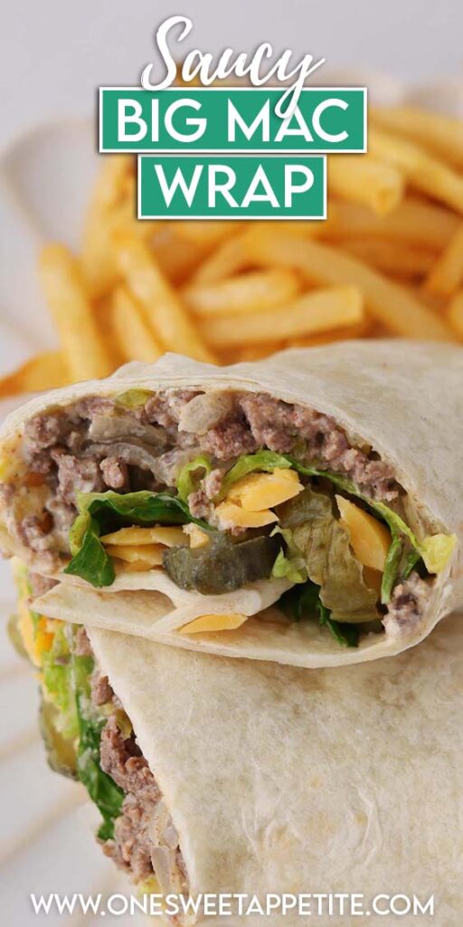 Close up image showing a tortilla filled with ground beef, cheese, lettuce, and pickles stacked on a plate with fries