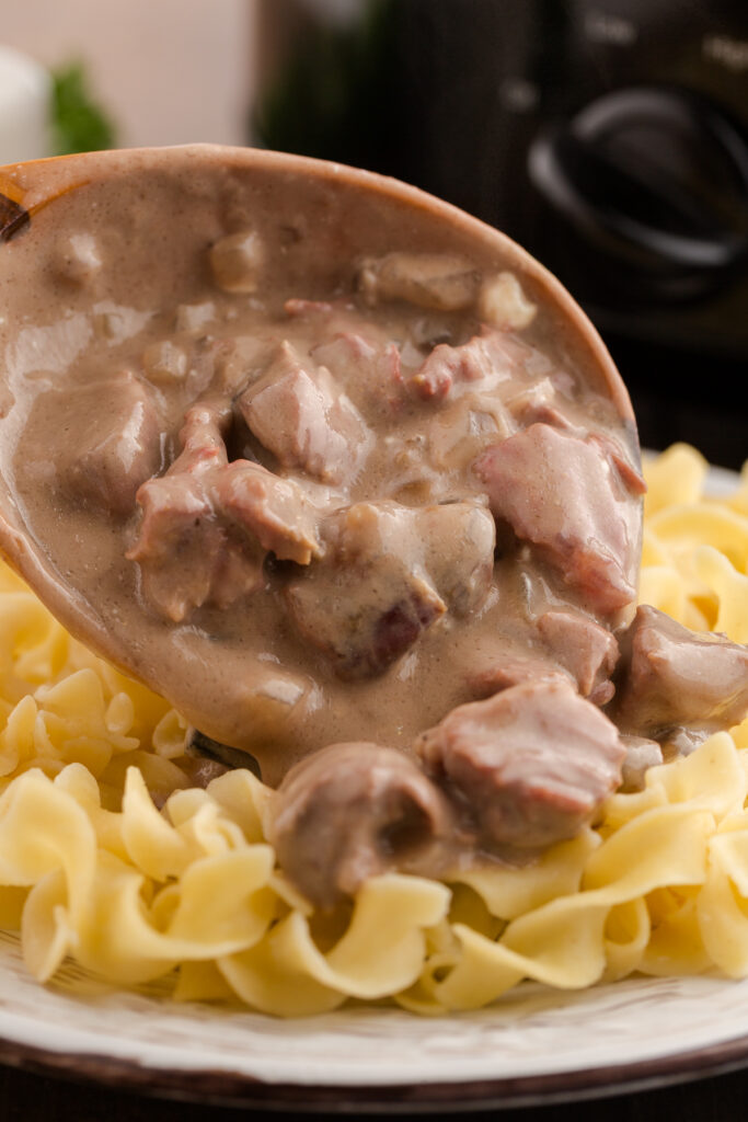 Spooning beef stroganoff over a plate of egg noodles