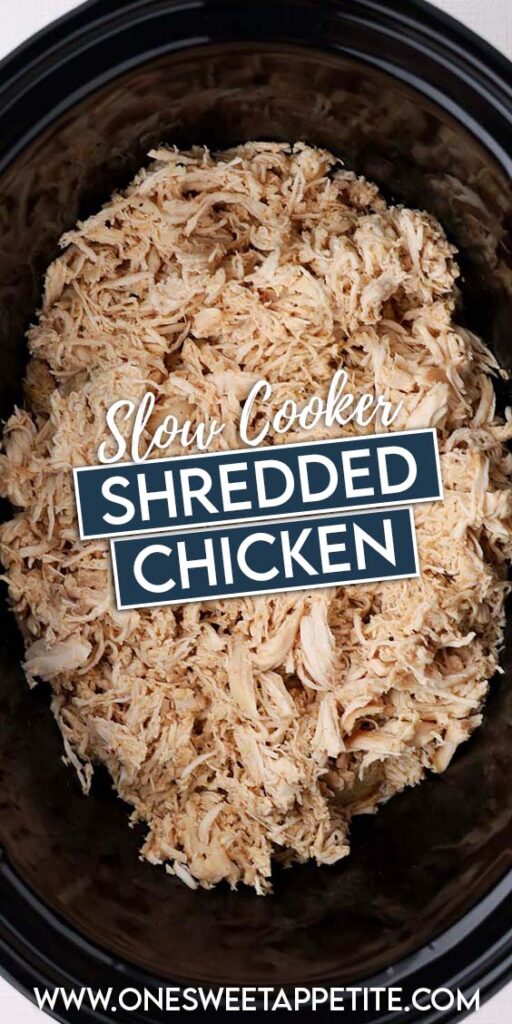 Top down image showing the inside of a black slow cooker filled with shredded chicken with text overlay reading "slow cooker shredded chicken"