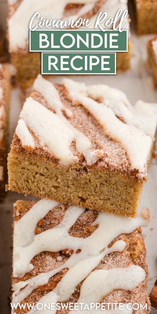 close up image showing squares of blondies with a cinnamon topping and icing drizzle. Text overlay reads "cinnamon roll blondie recipe"