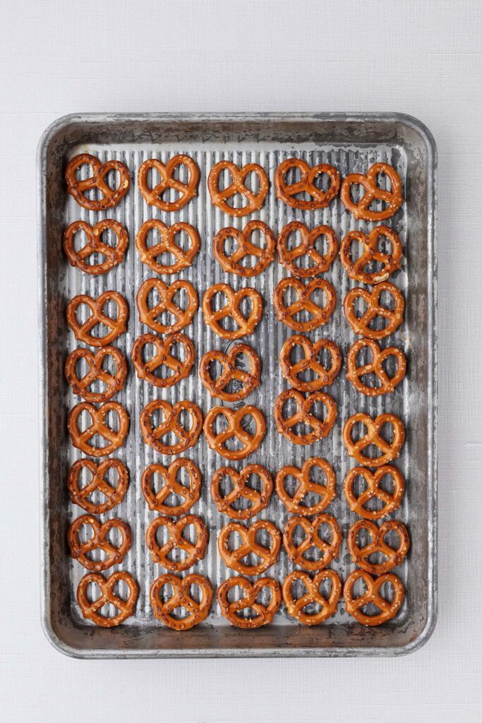 top down image showing a baking tray topped with bite sized pretzels