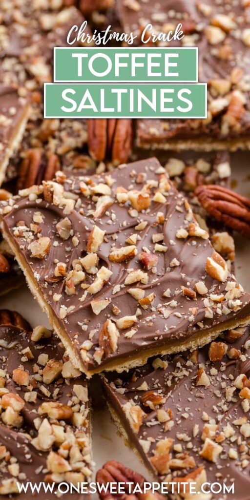 Close up of sliced saltine toffee pieces topped with melted chocolate and chopped pecans, arranged in a scattered layer.
