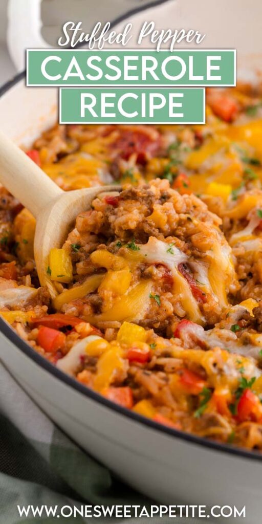 Close-up of a stuffed pepper casserole being scooped from a skillet with melted cheese, ground beef, rice, and diced bell peppers, with text overlay reading “Stuffed Pepper Casserole Recipe.”