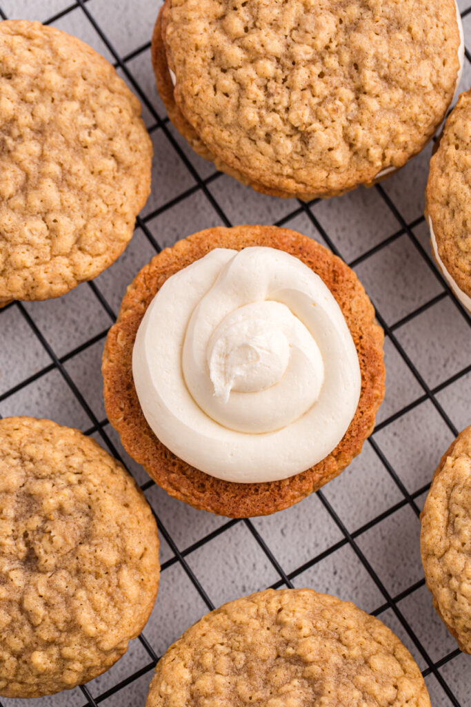 close up top down image showing an upside down cookie swirled with frosting