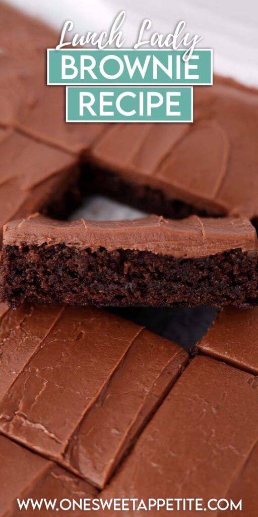 close up image showing brownies on a pan with one tilted up so you can see the layer of frosting on top. Text overlay reads lunch lady brownie recipe