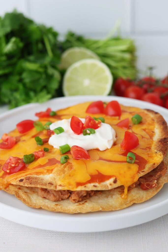 close up image showing a taco type dish with beef, beans, enchilada sauce and cheese topped with tomatoes, green onion, and sour cream on a white plate
