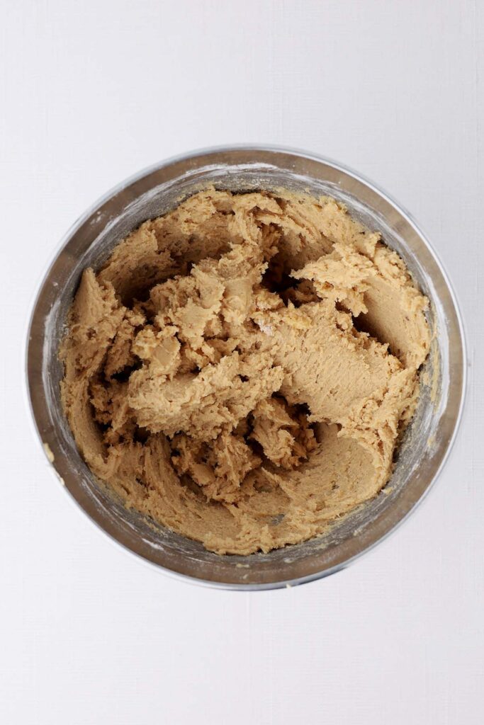 Top down image showing a mixing bowl filled with a batter