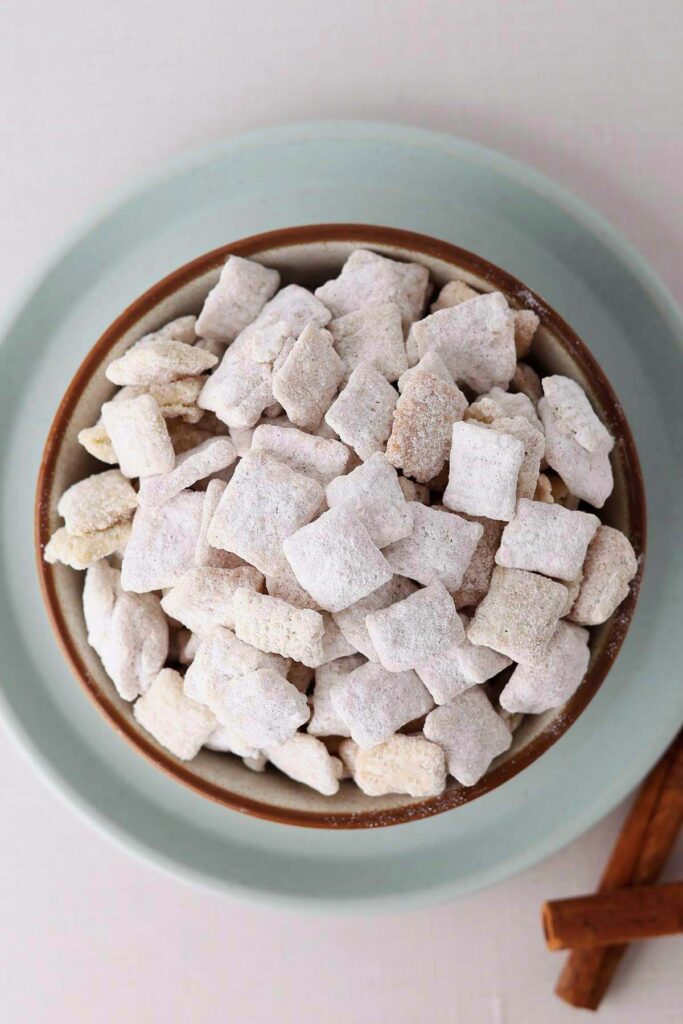Top down image showing a bowl of muddy buddies