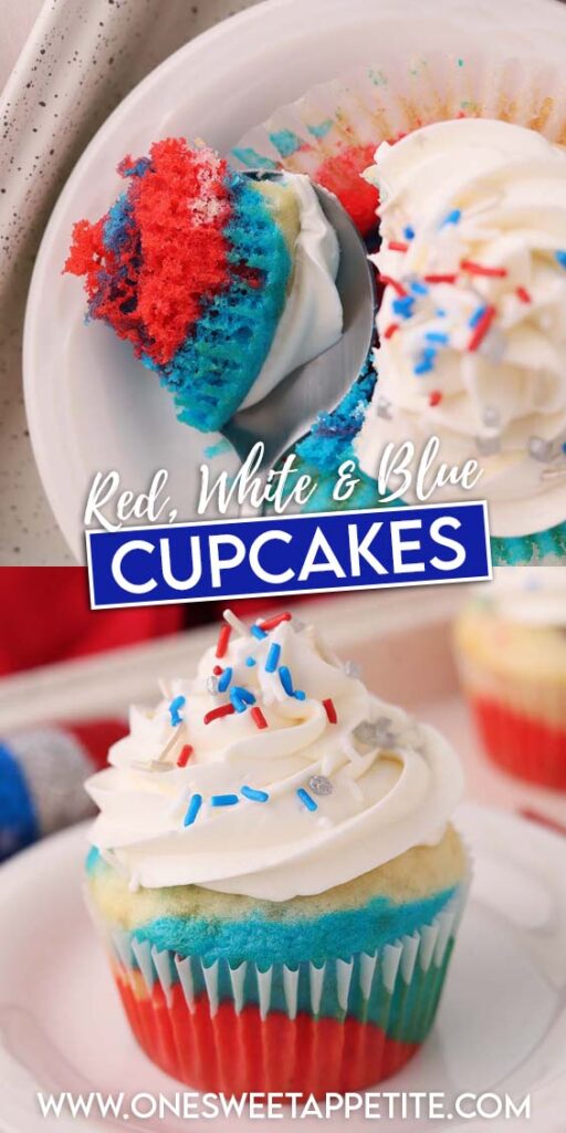 Pinterest pin image showing red white and blue cupcakes with text overlay reading "red white and blue cupcakes