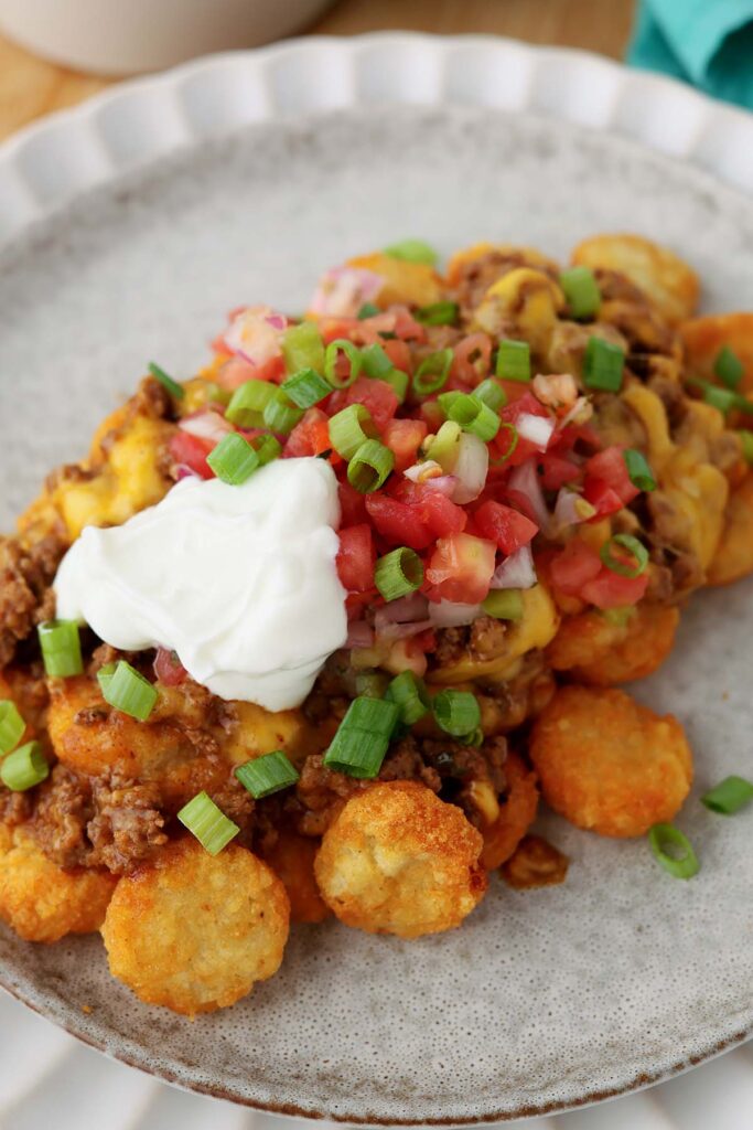 close up image showing a plate with tater rounds, saucy beef, cheese, sour cream , green onion and pico