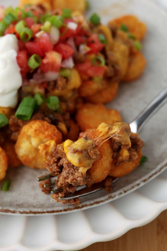 close up image showing a plate with tater rounds, saucy beef, cheese, sour cream , green onion and pico. Two tots with beef and melty cheese sitting on a fork
