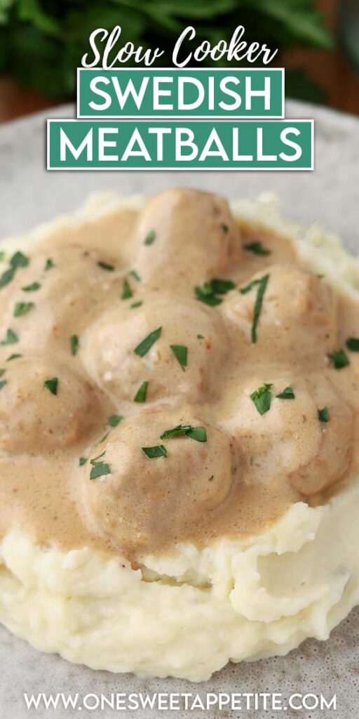 close up image sowing a gray plate topped with mashed potatoes and meatballs in a light brown gravy. Text reads "slow cooker swedish meatballs"